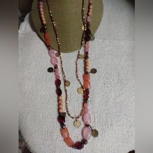 Goldtone pink beaded coin necklace